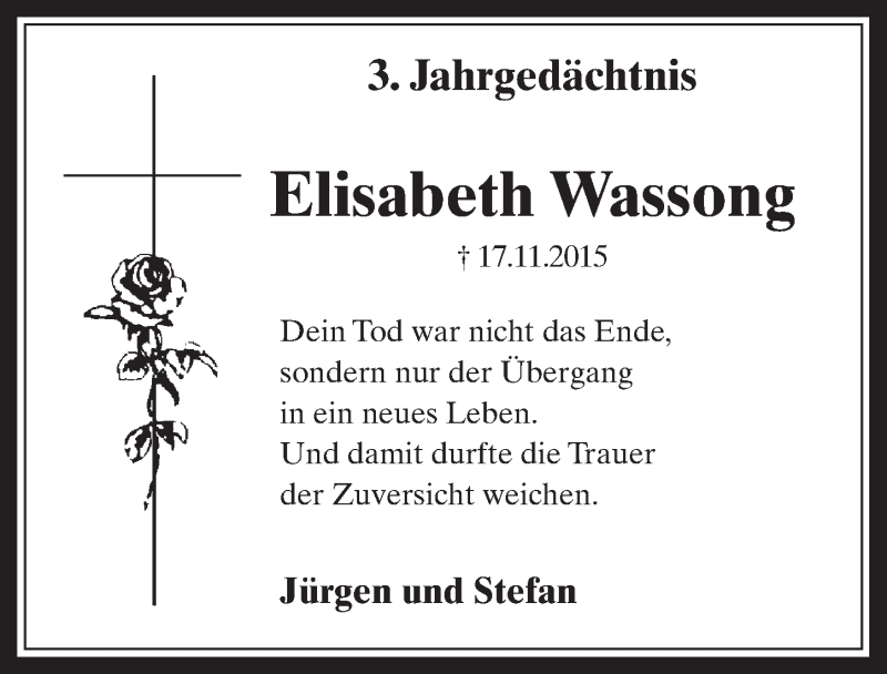  Traueranzeige für Elisabeth Wassong vom 14.11.2018 aus  Wochenende 