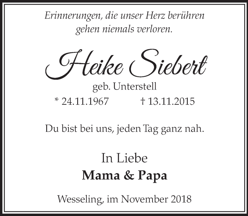  Traueranzeige für Heike Siebert vom 07.11.2018 aus  Schlossbote/Werbekurier 