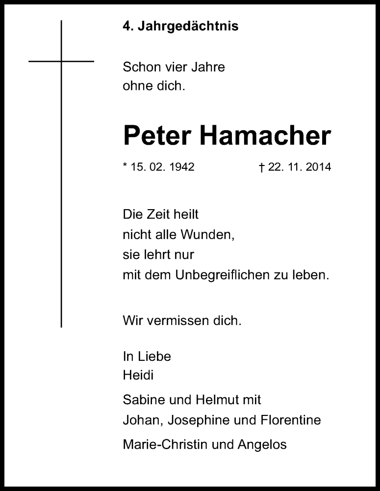  Traueranzeige für Peter Hamacher vom 22.11.2018 aus Kölner Stadt-Anzeiger / Kölnische Rundschau / Express