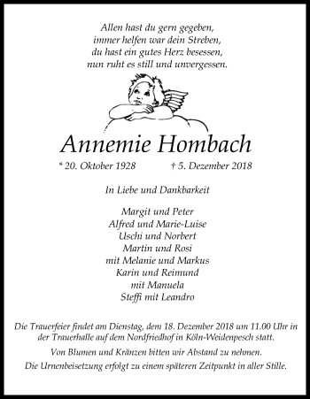 Anzeige von Annemie Hombach von Kölner Stadt-Anzeiger / Kölnische Rundschau / Express