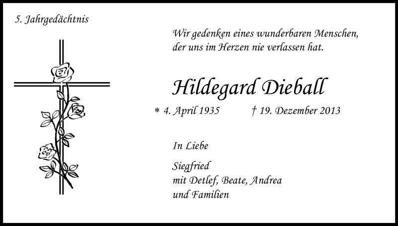  Traueranzeige für Hildegard Dieball vom 19.12.2018 aus Kölner Stadt-Anzeiger / Kölnische Rundschau / Express