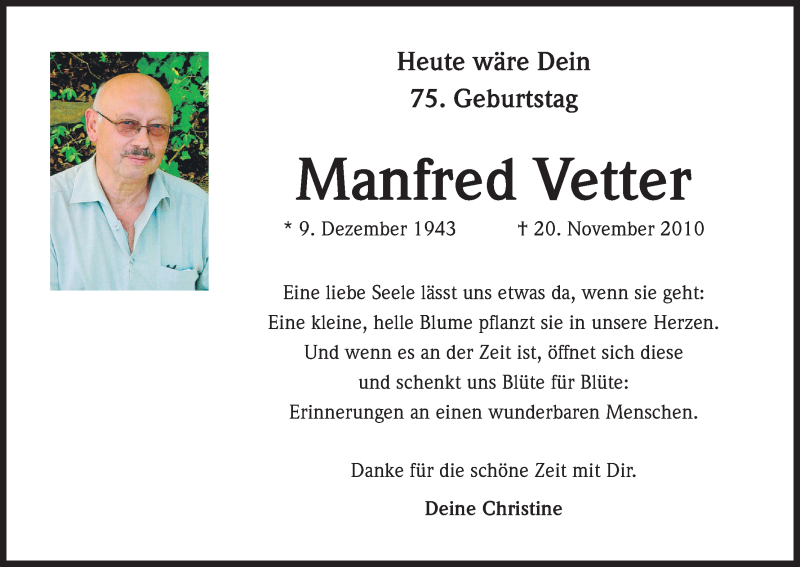  Traueranzeige für Manfred Vetter vom 08.12.2018 aus Kölner Stadt-Anzeiger / Kölnische Rundschau / Express