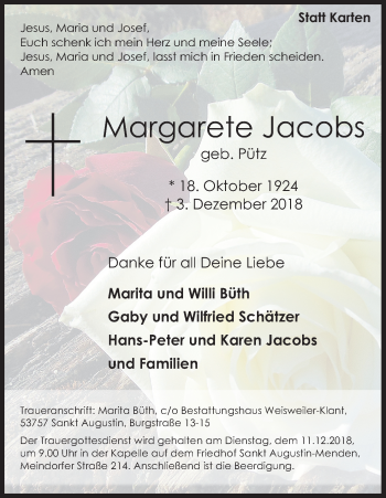 Anzeige von Margarete Jacobs von Kölner Stadt-Anzeiger / Kölnische Rundschau / Express