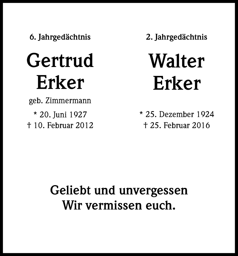  Traueranzeige für Gertrud Erker vom 17.02.2018 aus Kölner Stadt-Anzeiger / Kölnische Rundschau / Express