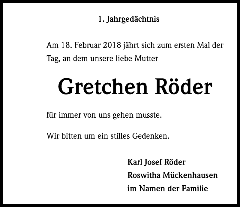  Traueranzeige für Gretchen Röder vom 17.02.2018 aus Kölner Stadt-Anzeiger / Kölnische Rundschau / Express