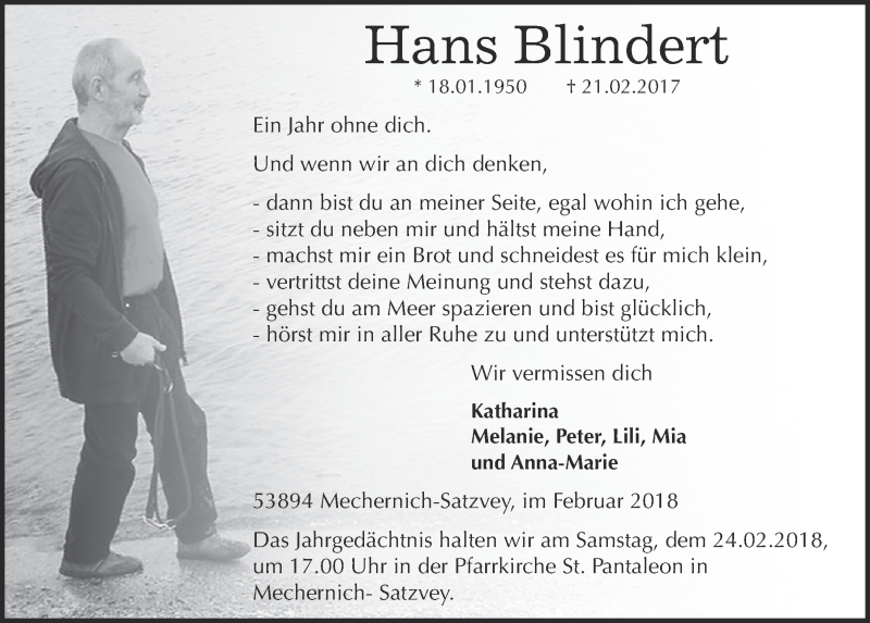  Traueranzeige für Hans Blindert vom 17.02.2018 aus  Blickpunkt Euskirchen 