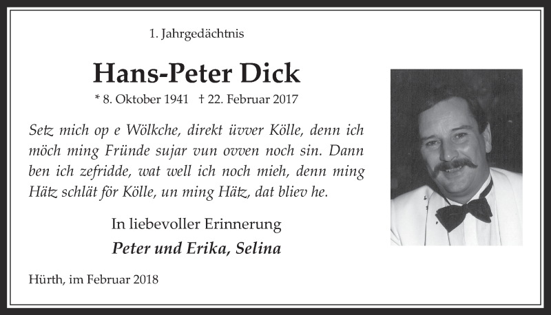  Traueranzeige für Hans-Peter Dick vom 21.02.2018 aus  Wochenende 
