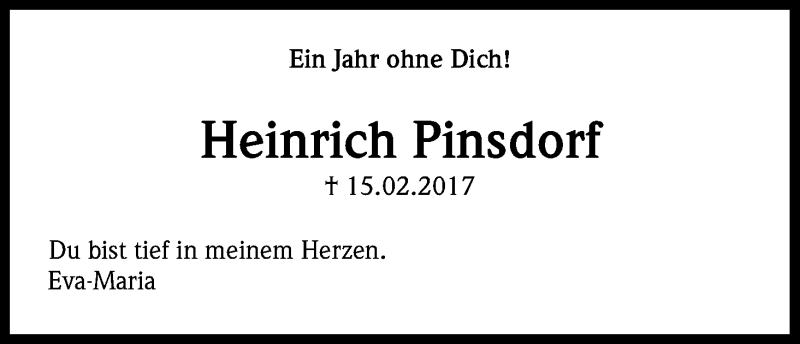  Traueranzeige für Heinrich Pinsdorf vom 17.02.2018 aus Kölner Stadt-Anzeiger / Kölnische Rundschau / Express