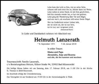 Anzeige von Helmuth Lanzerath von Kölner Stadt-Anzeiger / Kölnische Rundschau / Express