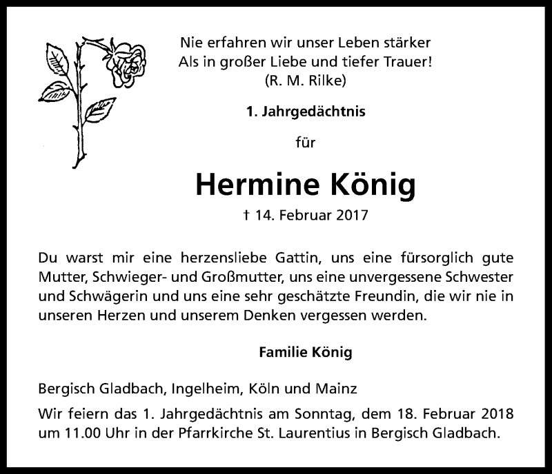  Traueranzeige für Hermine König vom 17.02.2018 aus Kölner Stadt-Anzeiger / Kölnische Rundschau / Express