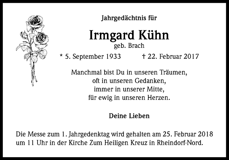  Traueranzeige für Irmgard Kühn vom 22.02.2018 aus Kölner Stadt-Anzeiger / Kölnische Rundschau / Express