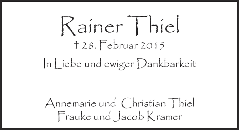  Traueranzeige für Rainer Thiel vom 28.02.2018 aus  Werbepost 