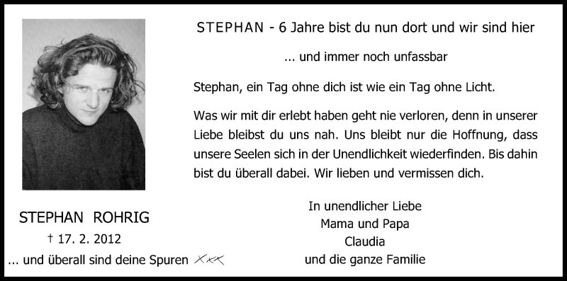  Traueranzeige für Stephan Rohrig vom 17.02.2018 aus Kölner Stadt-Anzeiger / Kölnische Rundschau / Express