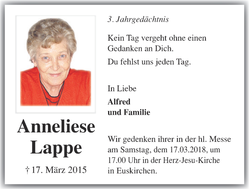  Traueranzeige für Anneliese Lappe vom 10.03.2018 aus  Blickpunkt Euskirchen 