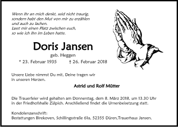 Anzeige von Doris Jansen von  Blickpunkt Euskirchen 
