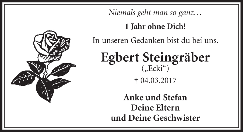  Traueranzeige für Egbert Steingräber vom 03.03.2018 aus  Sonntags-Post 