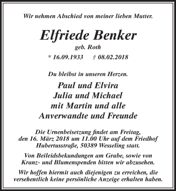Anzeige von Elfriede Benker von  Schlossbote/Werbekurier 