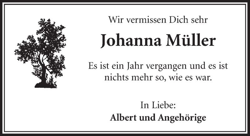  Traueranzeige für Johanna Müller vom 21.03.2018 aus  Schlossbote/Werbekurier 