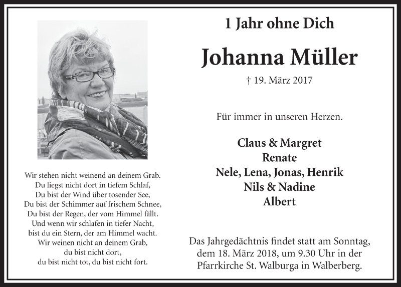  Traueranzeige für Johanna Müller vom 14.03.2018 aus  Schlossbote/Werbekurier 