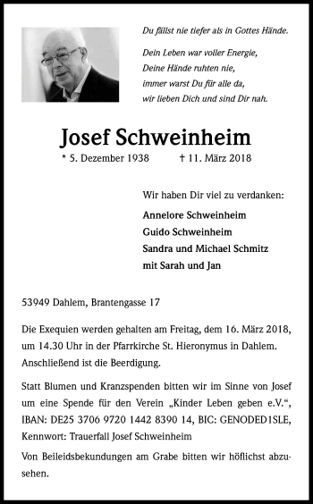 Anzeige von Josef Schweinheim von Kölner Stadt-Anzeiger / Kölnische Rundschau / Express