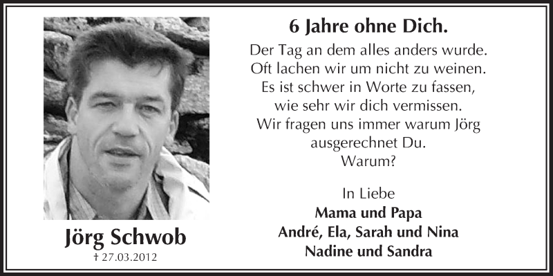  Traueranzeige für Jörg Schwob vom 28.03.2018 aus  Bergisches Handelsblatt 