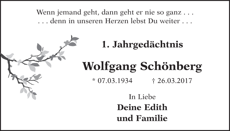  Traueranzeige für Wolfgang Schönberg vom 21.03.2018 aus  Schlossbote/Werbekurier 