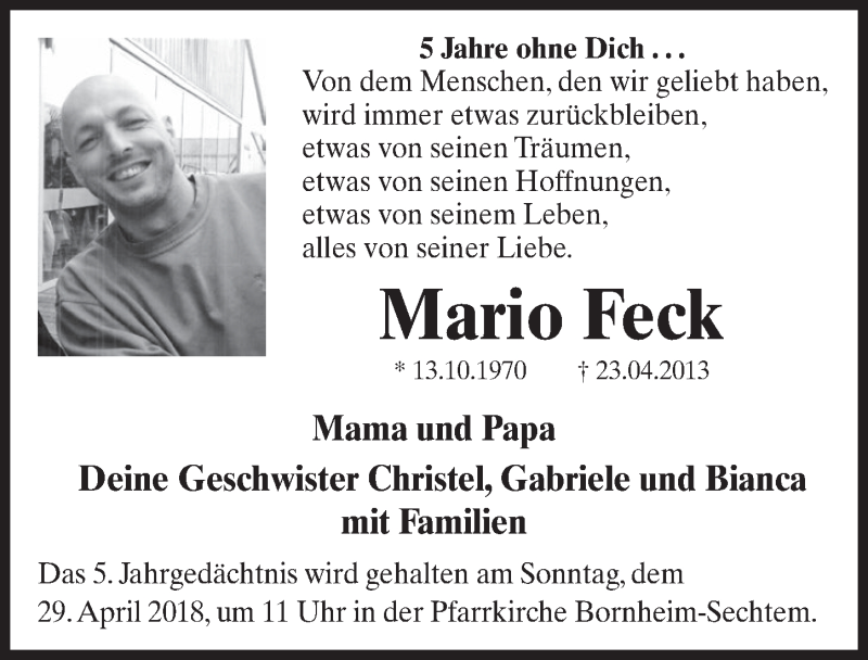  Traueranzeige für Mario Feck vom 25.04.2018 aus  Schlossbote/Werbekurier 