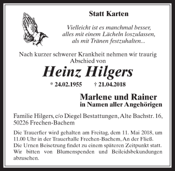 Anzeige von Heinz Hilgers von  Wochenende 