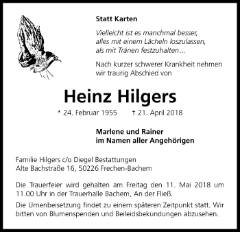 Anzeige von Heinz Hilgers von Kölner Stadt-Anzeiger / Kölnische Rundschau / Express