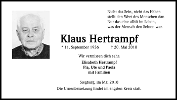 Anzeige von Klaus Hertrampf von Kölner Stadt-Anzeiger / Kölnische Rundschau / Express