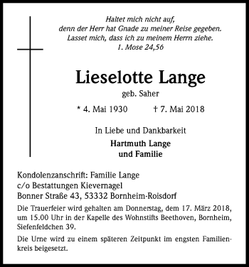 Anzeige von Lieselotte Lange von Kölner Stadt-Anzeiger / Kölnische Rundschau / Express