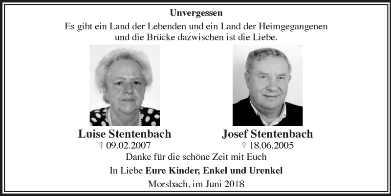  Traueranzeige für Josef Stentenbach vom 20.06.2018 aus  Lokalanzeiger 