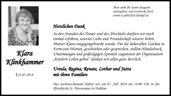 Anzeige von Klara Klinkhammer von Kölner Stadt-Anzeiger / Kölnische Rundschau / Express
