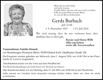 Anzeige von Gerda Burbach von BG
