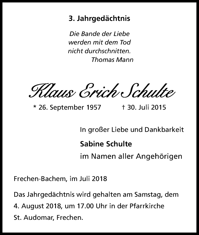  Traueranzeige für Klaus Erich Schulte vom 28.07.2018 aus GS
