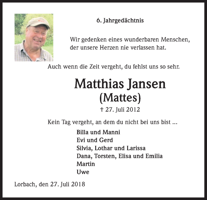  Traueranzeige für Matthias Jansen vom 27.07.2018 aus EN