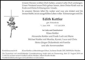 Anzeige von Edith Kettler von Kölner Stadt-Anzeiger / Kölnische Rundschau / Express