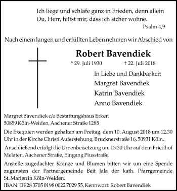 Anzeige von Robert Bavendiek von Kölner Stadt-Anzeiger / Kölnische Rundschau / Express