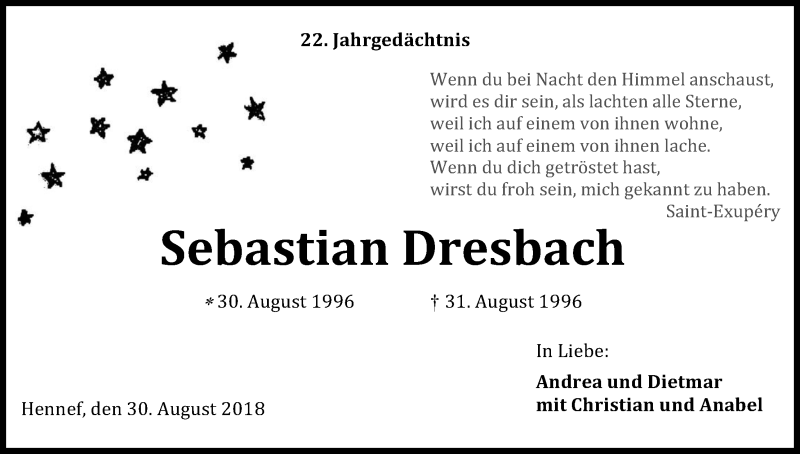  Traueranzeige für Sebastian Dresbach vom 30.08.2018 aus Kölner Stadt-Anzeiger / Kölnische Rundschau / Express