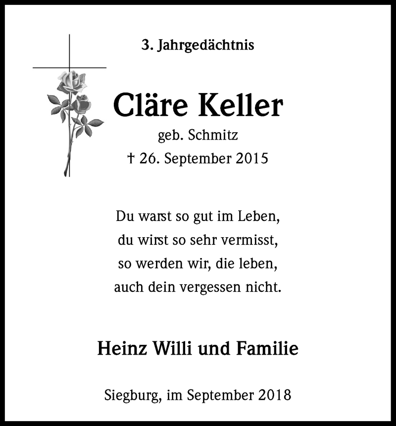  Traueranzeige für Cläre Keller vom 26.09.2018 aus Kölner Stadt-Anzeiger / Kölnische Rundschau / Express
