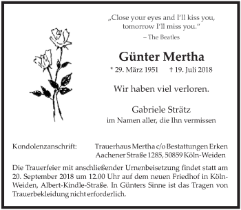 Anzeige von Günter Mertha von  Kölner Wochenspiegel 