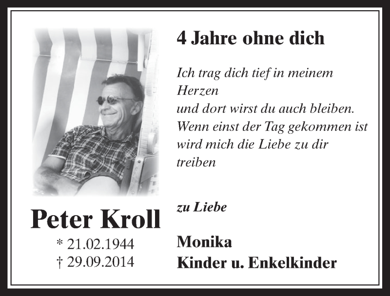  Traueranzeige für Peter Kroll vom 26.09.2018 aus  Werbepost 