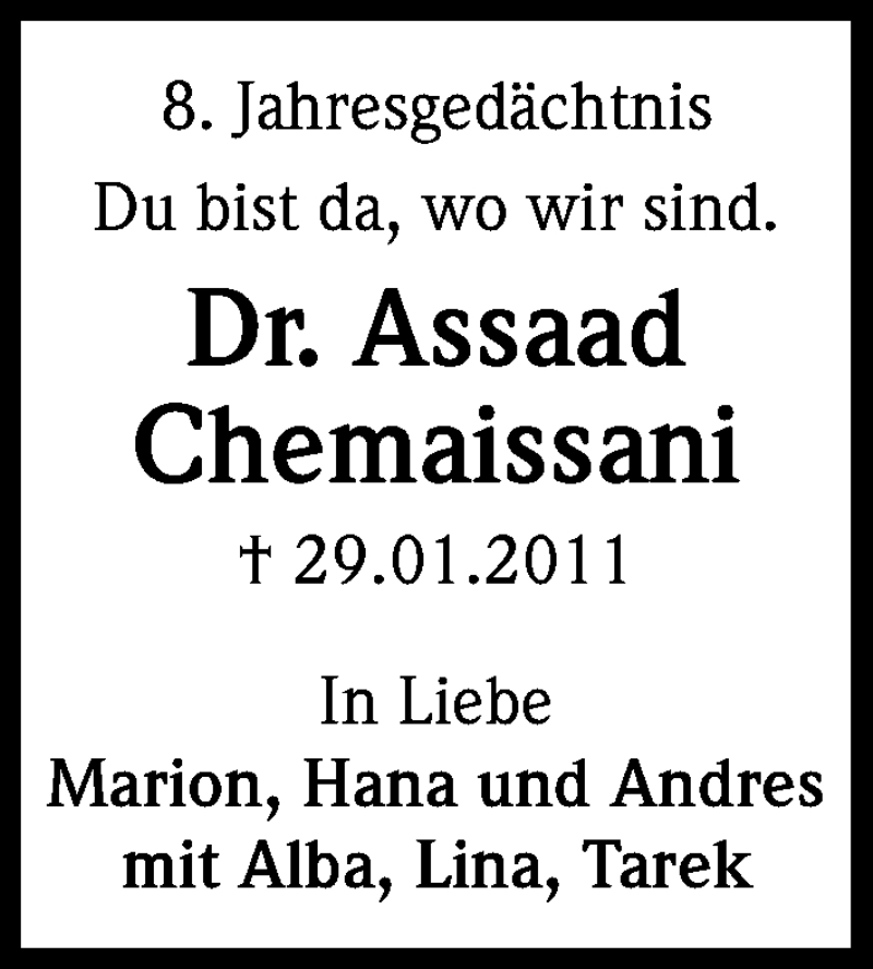  Traueranzeige für Assaad Chemaissani vom 29.01.2019 aus Kölner Stadt-Anzeiger / Kölnische Rundschau / Express