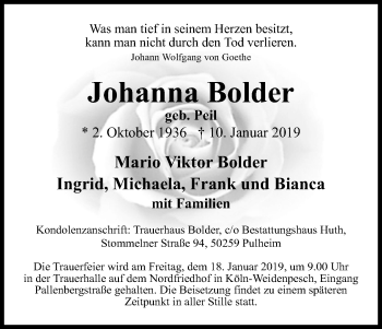 Anzeige von Johanna Bolder von Kölner Stadt-Anzeiger / Kölnische Rundschau / Express