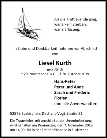 Anzeige von Liesel Kurth von Kölner Stadt-Anzeiger / Kölnische Rundschau / Express