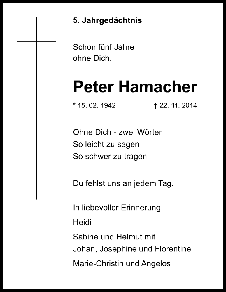  Traueranzeige für Peter Hamacher vom 23.11.2019 aus Kölner Stadt-Anzeiger / Kölnische Rundschau / Express