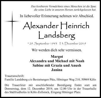 Anzeige von Alexander Heinrich Landsberg von Kölner Stadt-Anzeiger / Kölnische Rundschau / Express