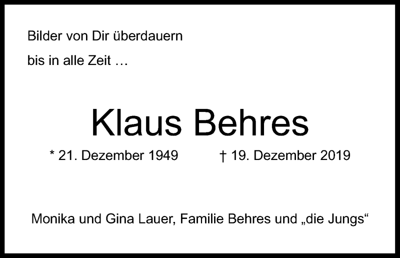  Traueranzeige für Klaus Behres vom 21.12.2019 aus Kölner Stadt-Anzeiger / Kölnische Rundschau / Express