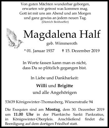 Anzeige von Magdalena Half von Kölner Stadt-Anzeiger / Kölnische Rundschau / Express