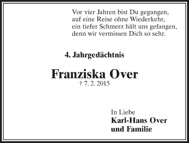  Traueranzeige für Franziska Over vom 06.02.2019 aus  Schlossbote/Werbekurier 